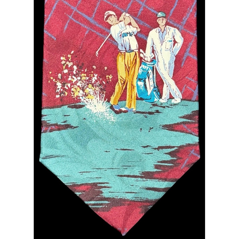 Canali Vintage 100% Silk Golf Necktie Novelty Golfer Caddie Scene Made In Italy
